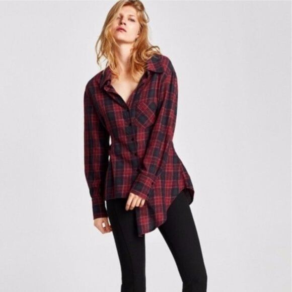 Zara Red Plaid Button Up Flannel Top Long Sleeve Asymmetrical Size Medium - Picture 1 of 10